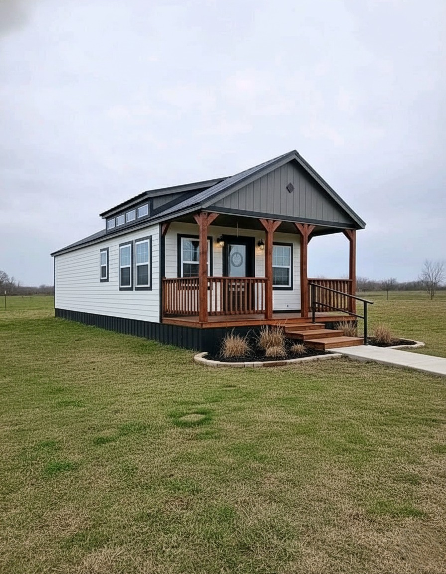 Small white and gray tiny house with a wooden porch set on a grassy field. The overcast sky and sparse landscaping create a serene, minimalist scene.