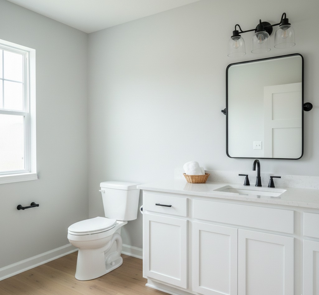 Minimalist bathroom with white cabinets, a sleek black-framed mirror, and a modern light fixture. Sunlight streams through a window, creating a serene atmosphere.