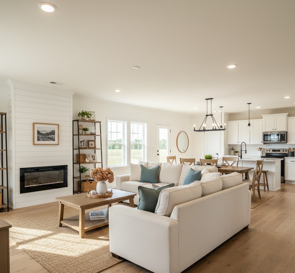 Contemporary open living space with a beige sofa, blue cushions, wall fireplace, and wooden furniture. Kitchen with white cabinets and a black chandelier.