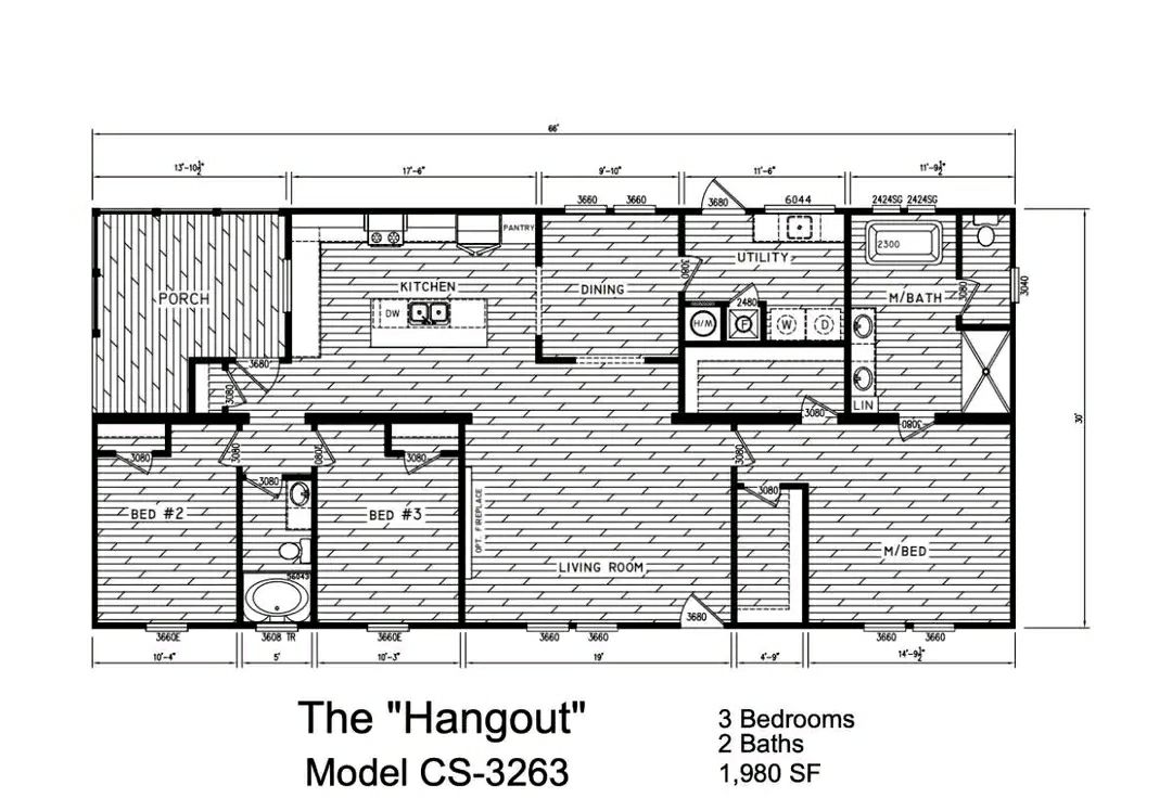 Floor plan titled "The Hangout" for model CS-3263. Shows 3 bedrooms, 2 baths, kitchen, dining, living room, and porch over 1,980 square feet.