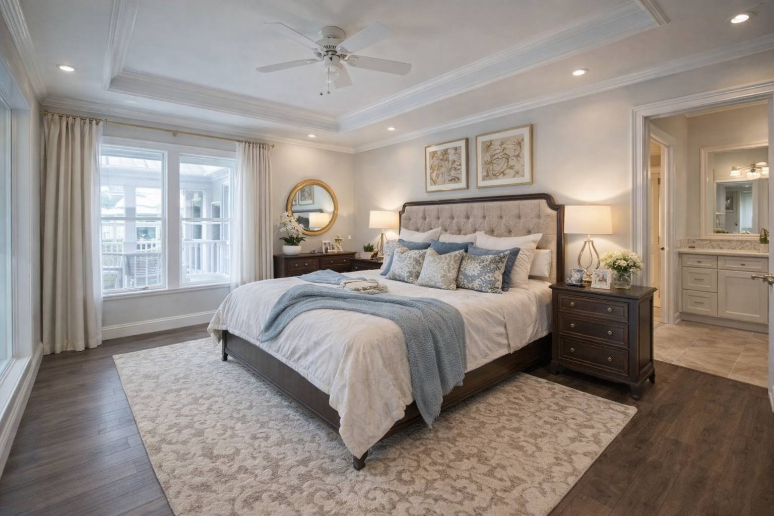 Elegant bedroom with a large bed, tufted headboard, and blue throw blanket. Soft lighting, floral artwork, wood furniture, and a window view create a serene atmosphere.