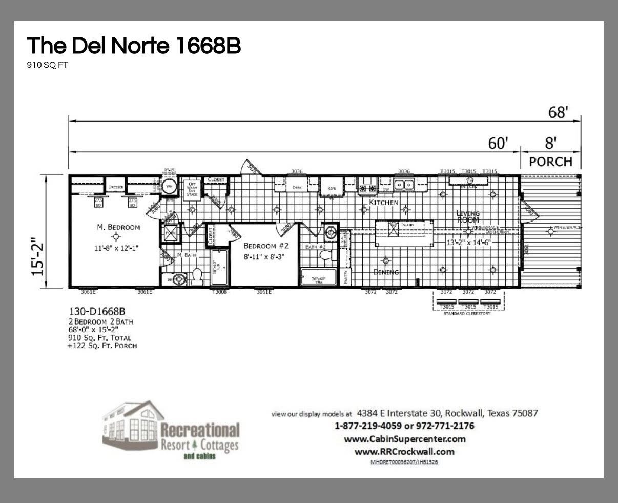 Floor plan of "The Del Norte 1668B," measuring 910 sq ft. It features two bedrooms, two bathrooms, a kitchen, living room, and porch. Contact info at bottom.
