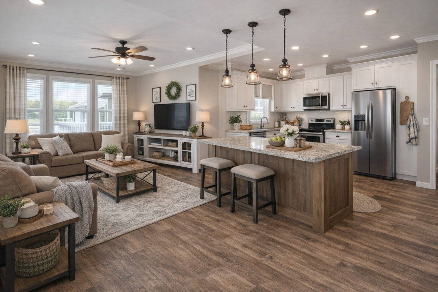 Warm, open-concept living room and kitchen. Features neutral tones, cozy couches, a large TV, modern kitchen island, and hardwood floors, creating an inviting atmosphere.