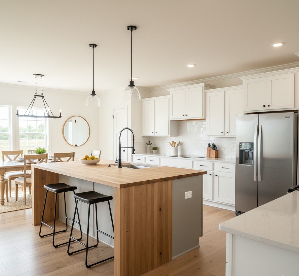 Modern kitchen with white cabinets, a wood island, and black stools. Stainless steel fridge, pendant lights, and a cozy dining area with a mirror.