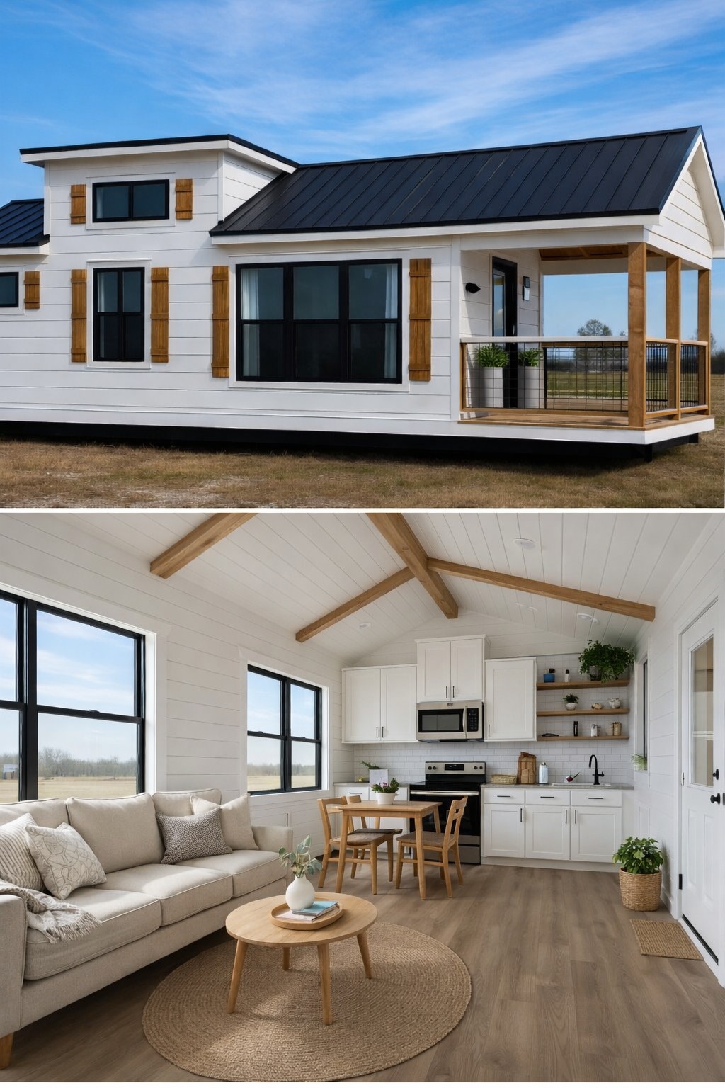 Cozy white tiny house with wood accents, black roof, and porch. Interior features vaulted ceilings, a bright living space, and modern kitchen.