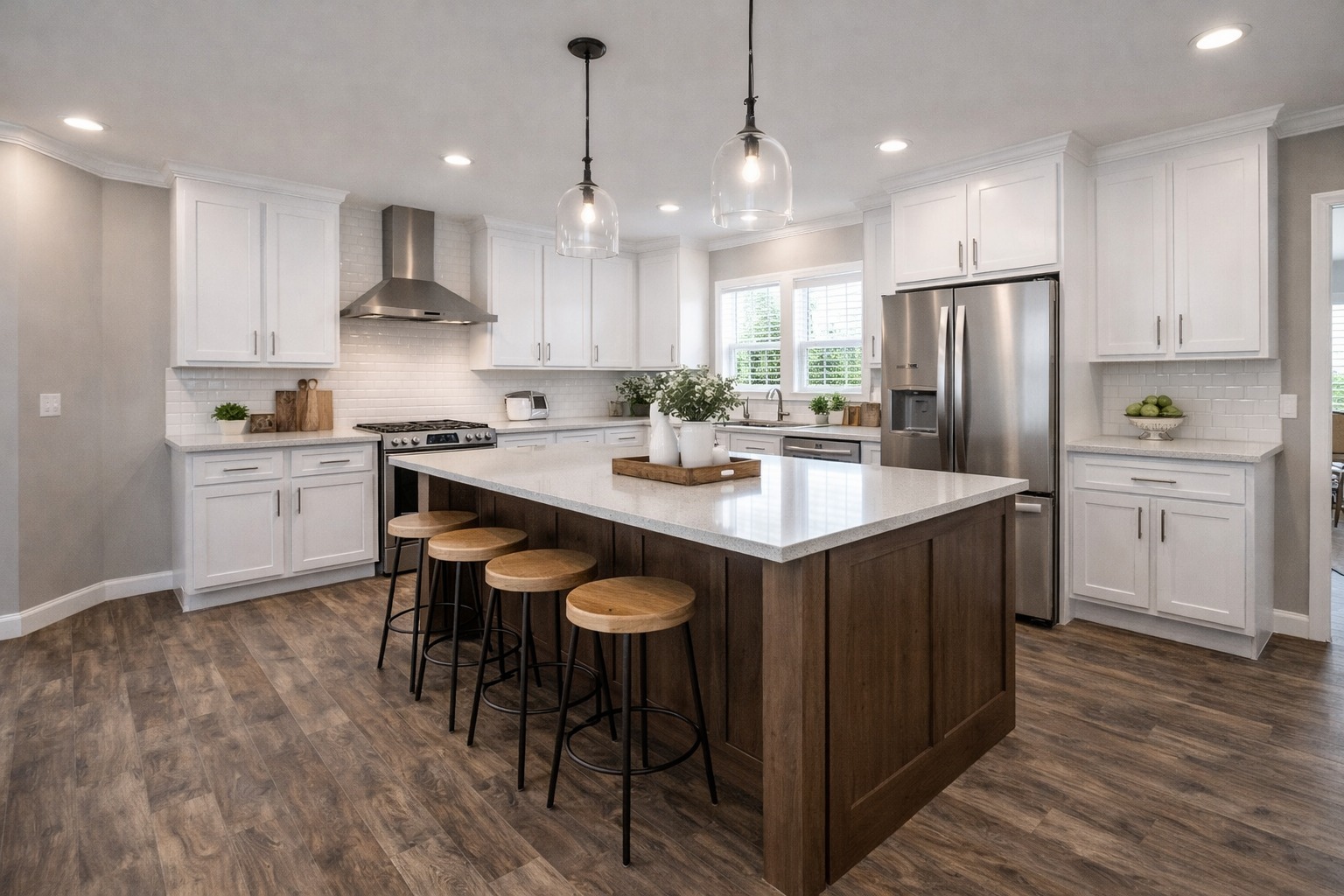 Spacious modern kitchen with white cabinets, stainless steel appliances, large island with wooden stools, pendant lights, and wood flooring. Bright and inviting.