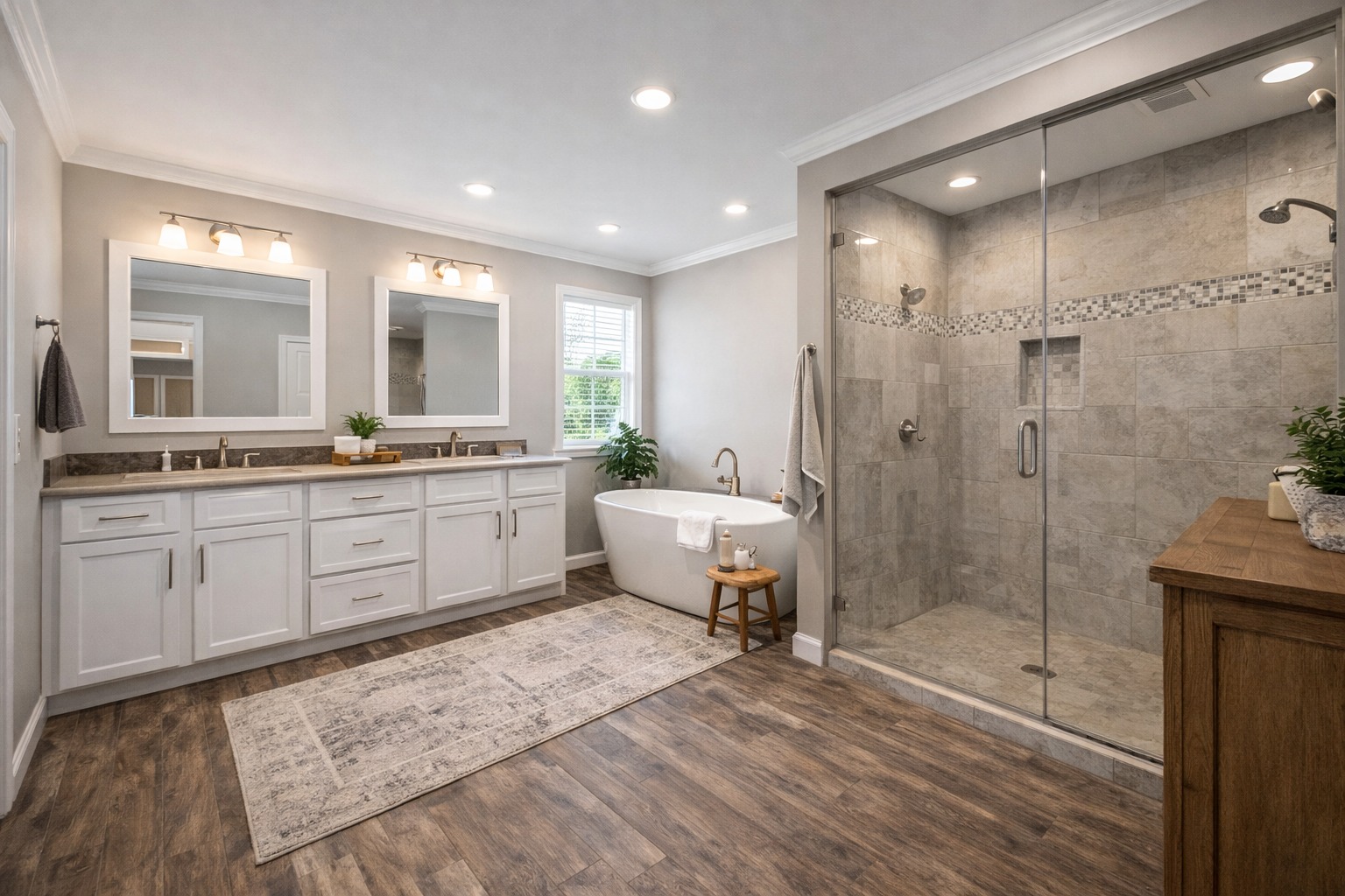 Spacious bathroom with a large glass shower, freestanding tub, dual sinks with mirrors, and wooden floor. Soft lighting creates a serene atmosphere.