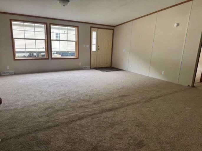 Spacious empty room with beige carpet, off-white walls, and a light fixture on the ceiling. Two large windows and a wooden door provide natural light.