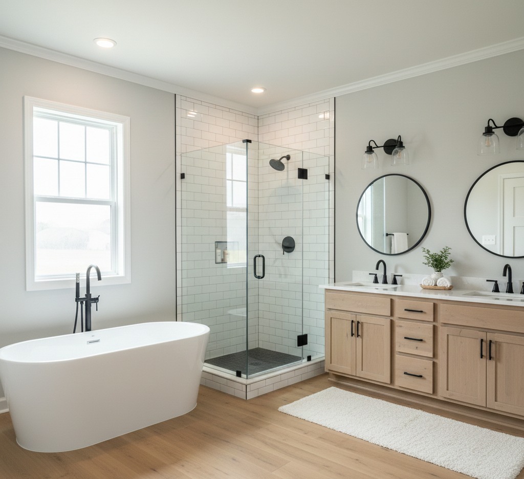 Modern bathroom with a glass shower, freestanding tub, dual-sink vanity with round mirrors, wood cabinets, and soft lighting on light wood flooring.
