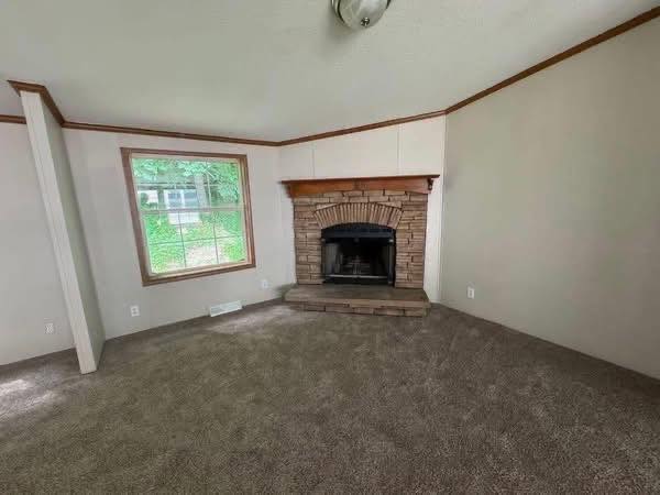 Cozy, empty living room with brown carpet features a stone fireplace on the right, a large window on the left letting in natural light and greenery.