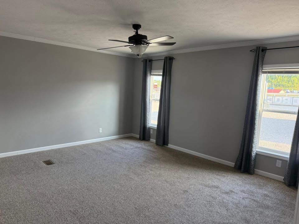 A spacious, empty room with gray walls and carpet, featuring a black ceiling fan. Two large windows with dark curtains let in natural light.