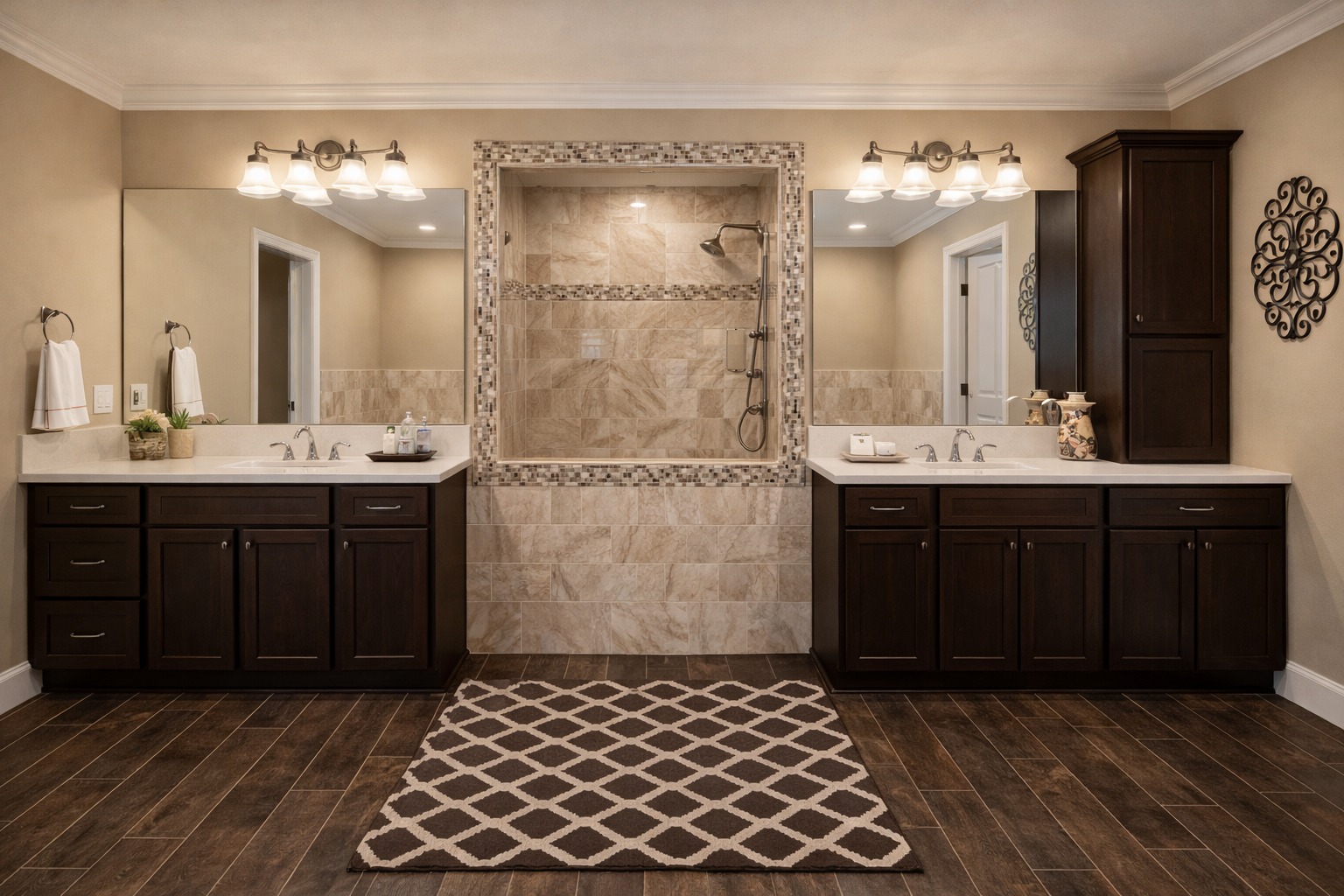 Luxurious bathroom with dark wood cabinets, double sinks, and a central tiled shower. Warm lighting and geometric rug create an elegant ambiance.