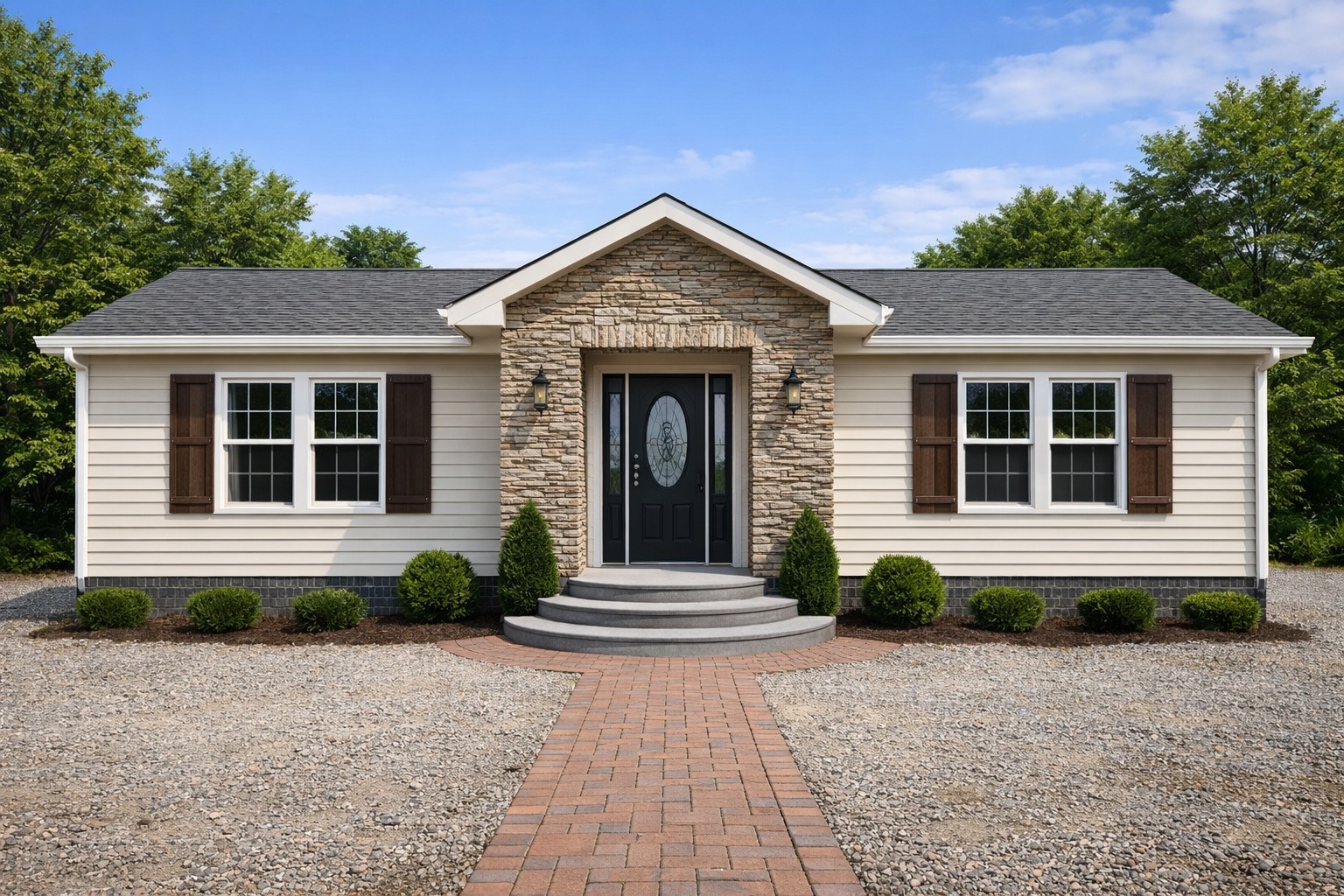 Single-story house with beige siding and stone facade, dark shutters, circular steps, and a central path. Surrounded by greenery under a clear blue sky.