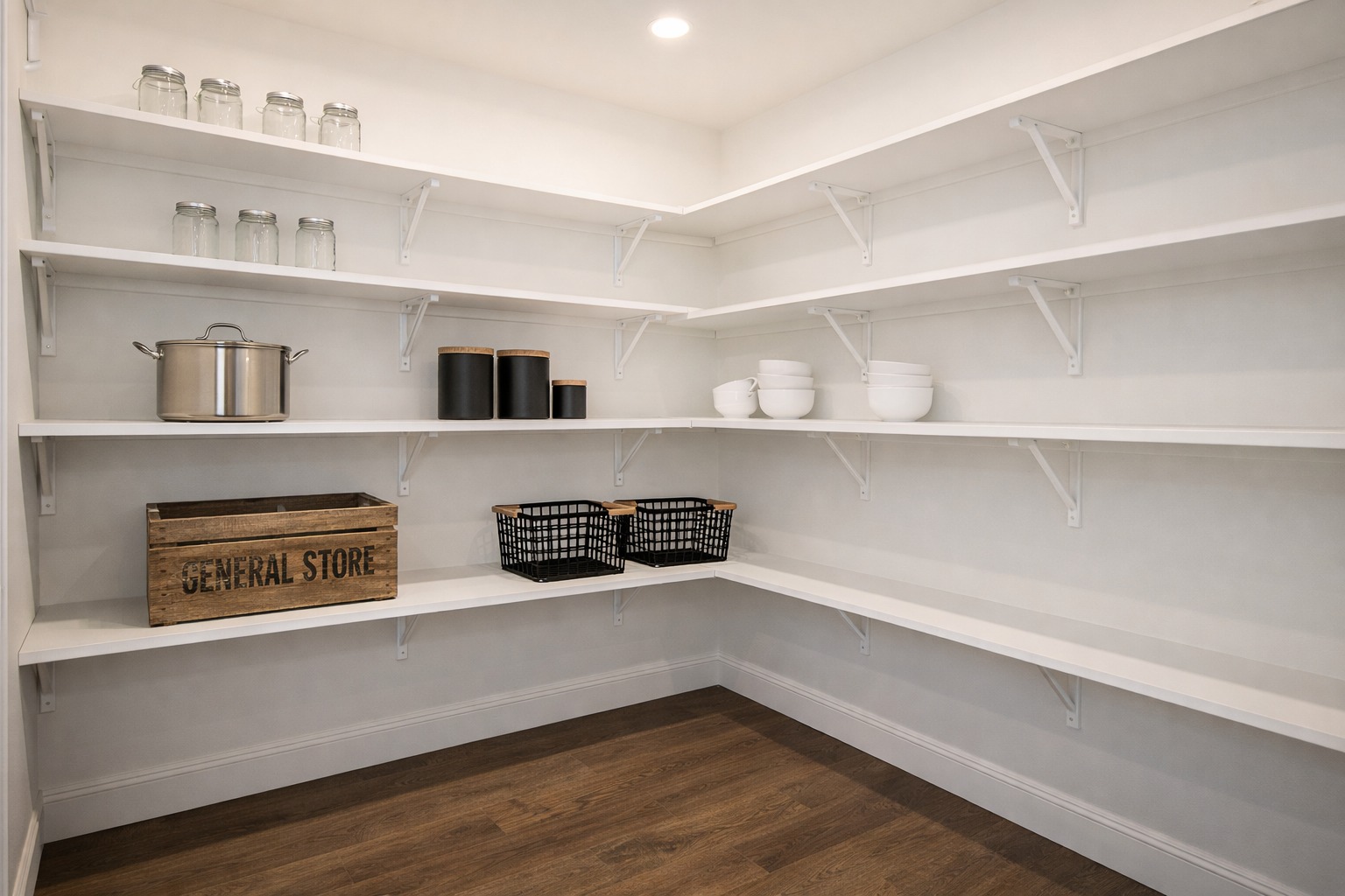 Spacious pantry with white shelves holding jars, a metal pot, black containers, white bowls, a wooden box labeled "General Store," and black baskets.