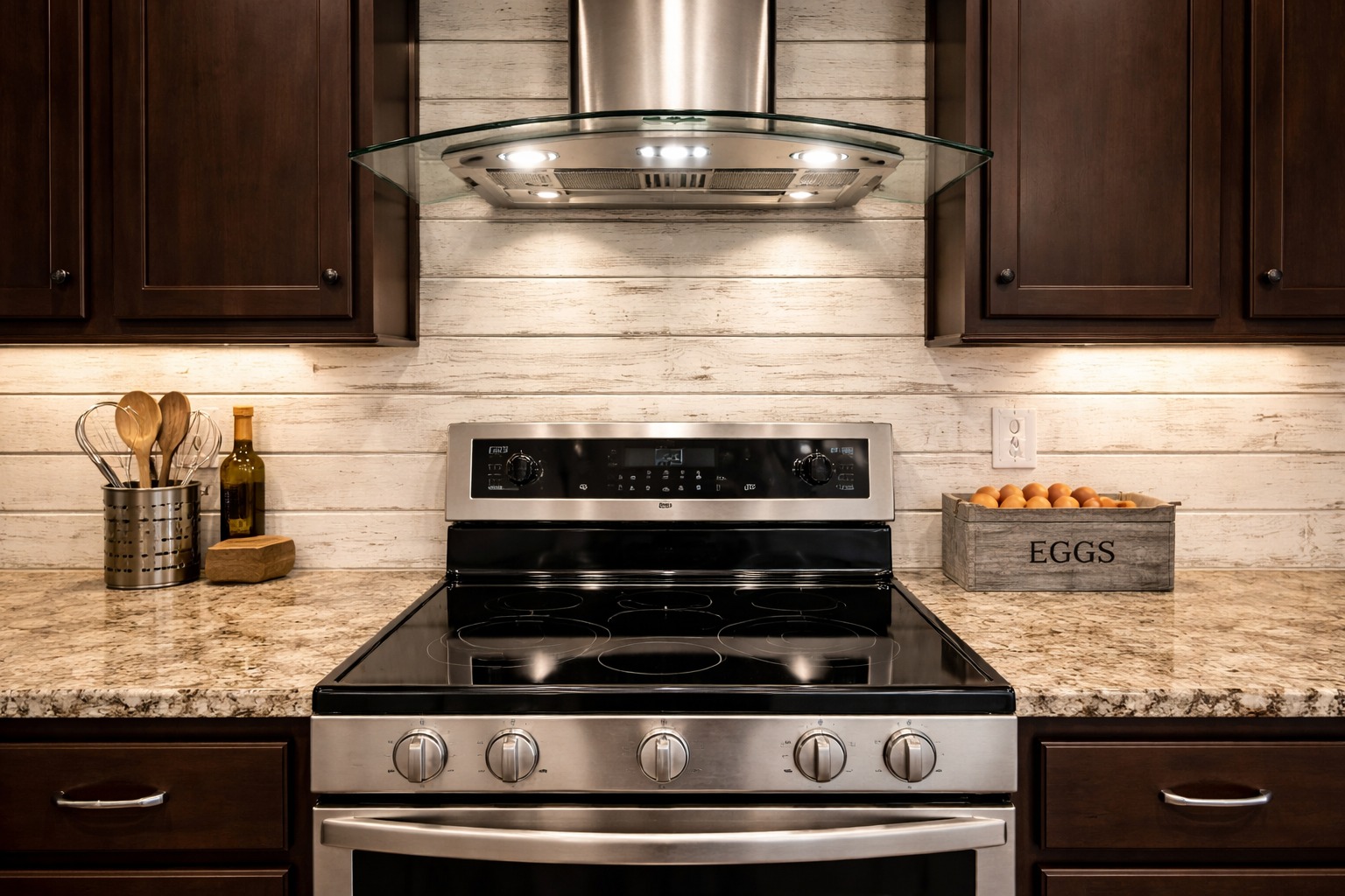 Modern kitchen with stainless steel stove, granite countertops, dark cabinets, and light wood backsplash. Eggs in a wooden crate add a rustic touch.