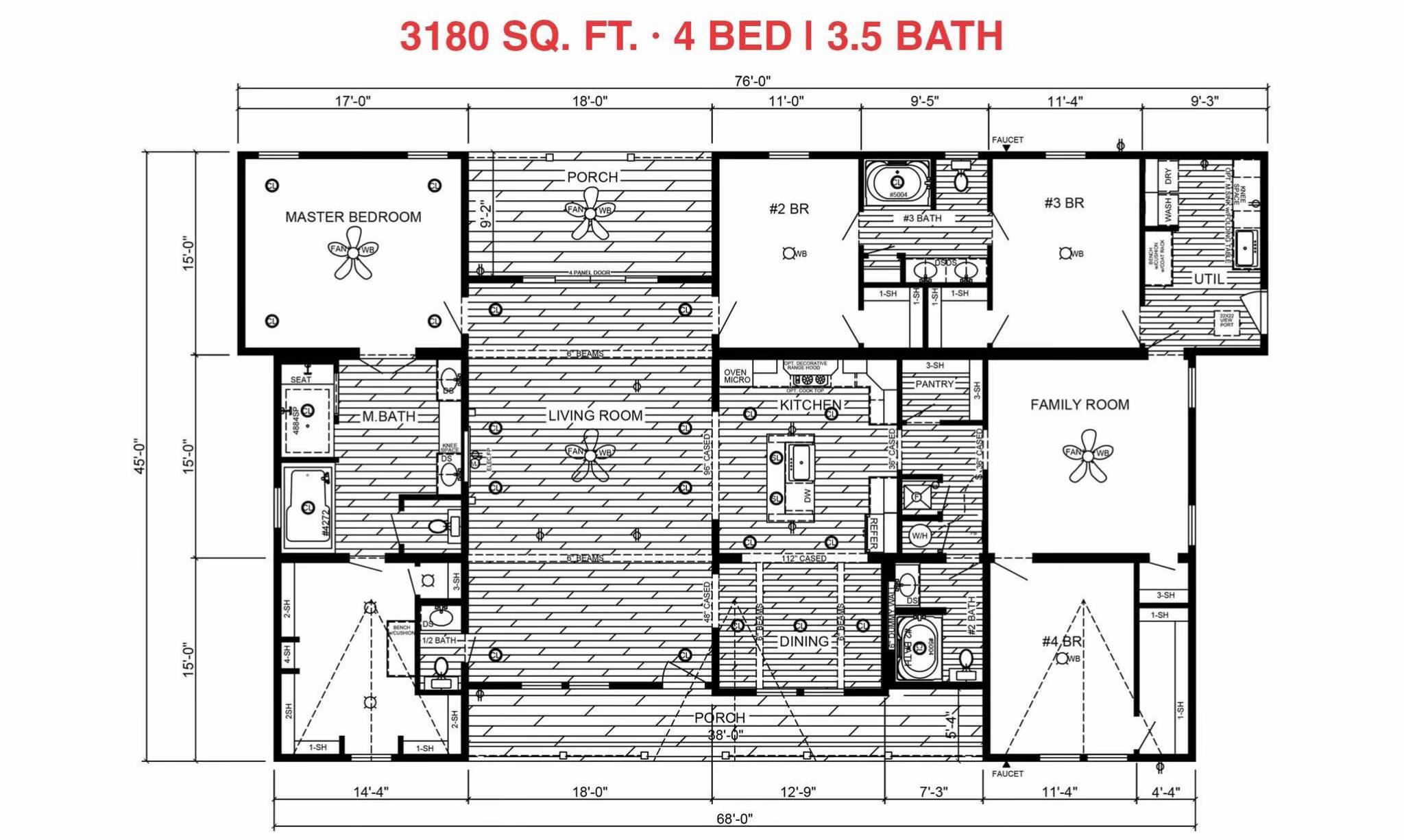 Floor plan of a 3180 sq. ft. house with 4 bedrooms and 3.5 bathrooms. Key areas include master bedroom, living room, kitchen, and family room.