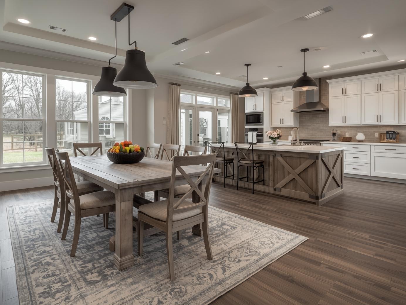 Spacious kitchen with a rustic dining table, eight chairs, and fruit bowl. An island with bar stools and modern decor create a warm, inviting atmosphere.