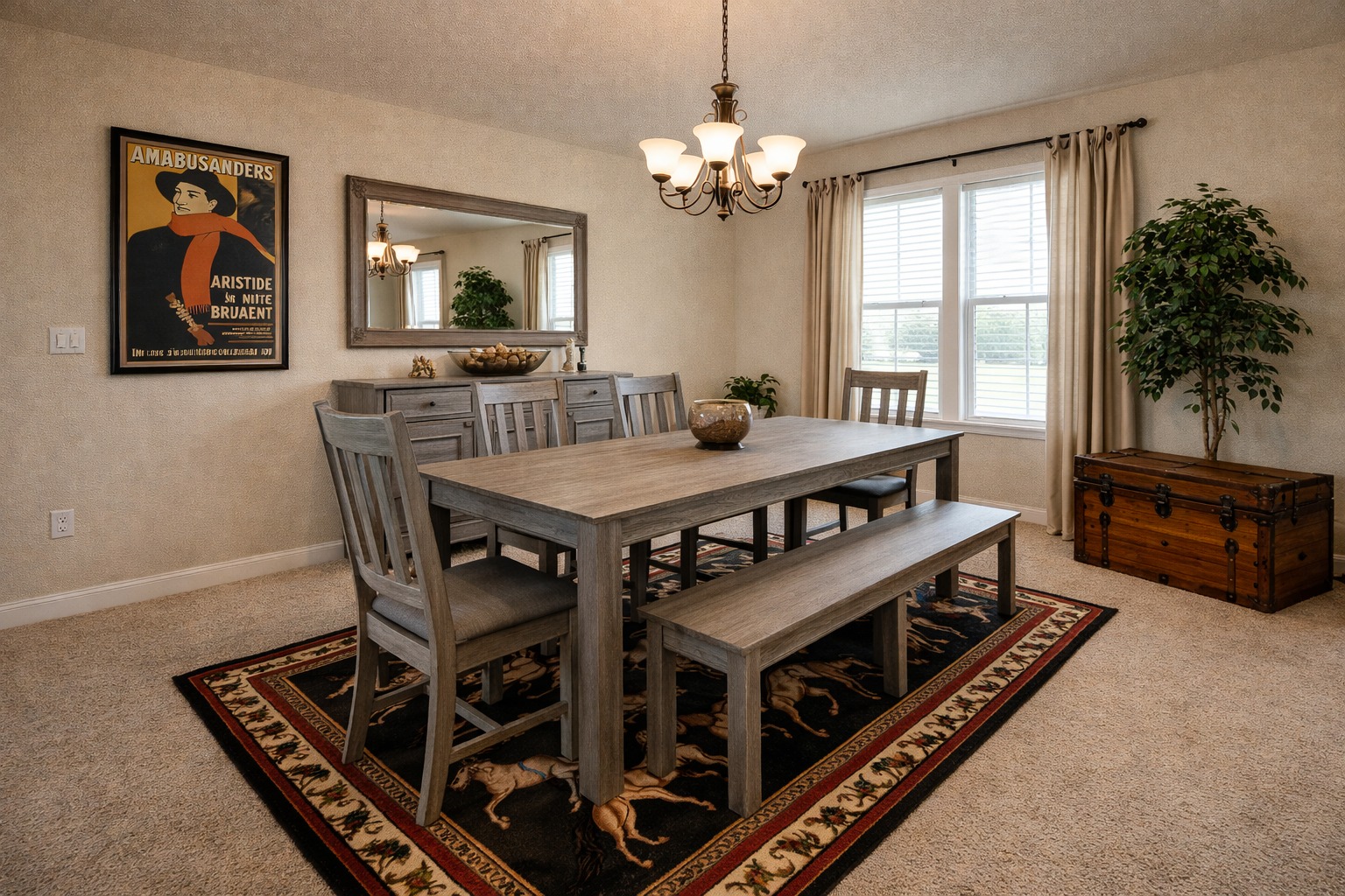 A cozy dining room with a rustic wooden table and benches on a patterned rug. A chandelier hangs above, flanked by a large window and vibrant greenery.