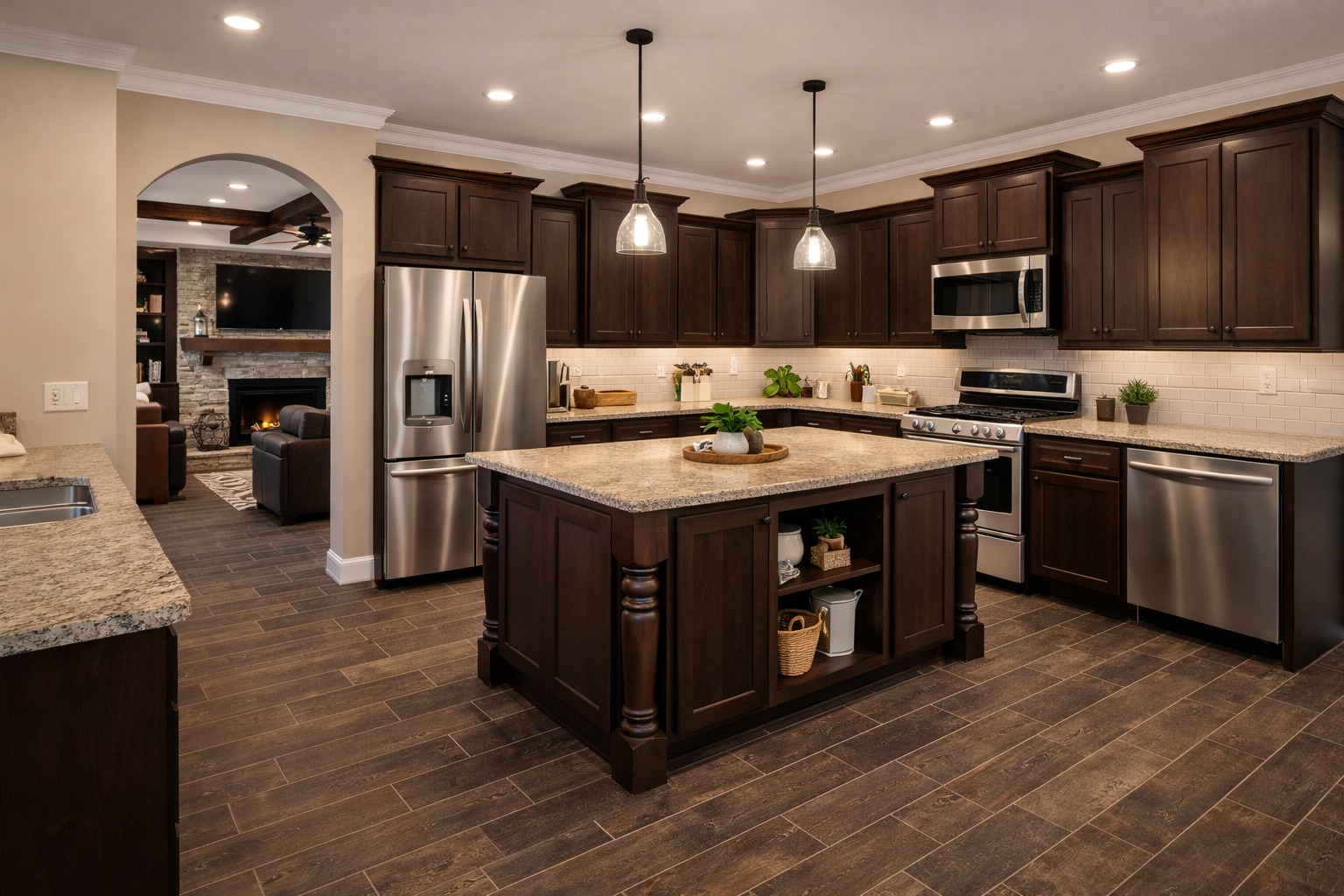 Modern kitchen with dark wood cabinets, stainless steel appliances, and a granite island. Warm lighting and elegant decor create a cozy, inviting atmosphere.
