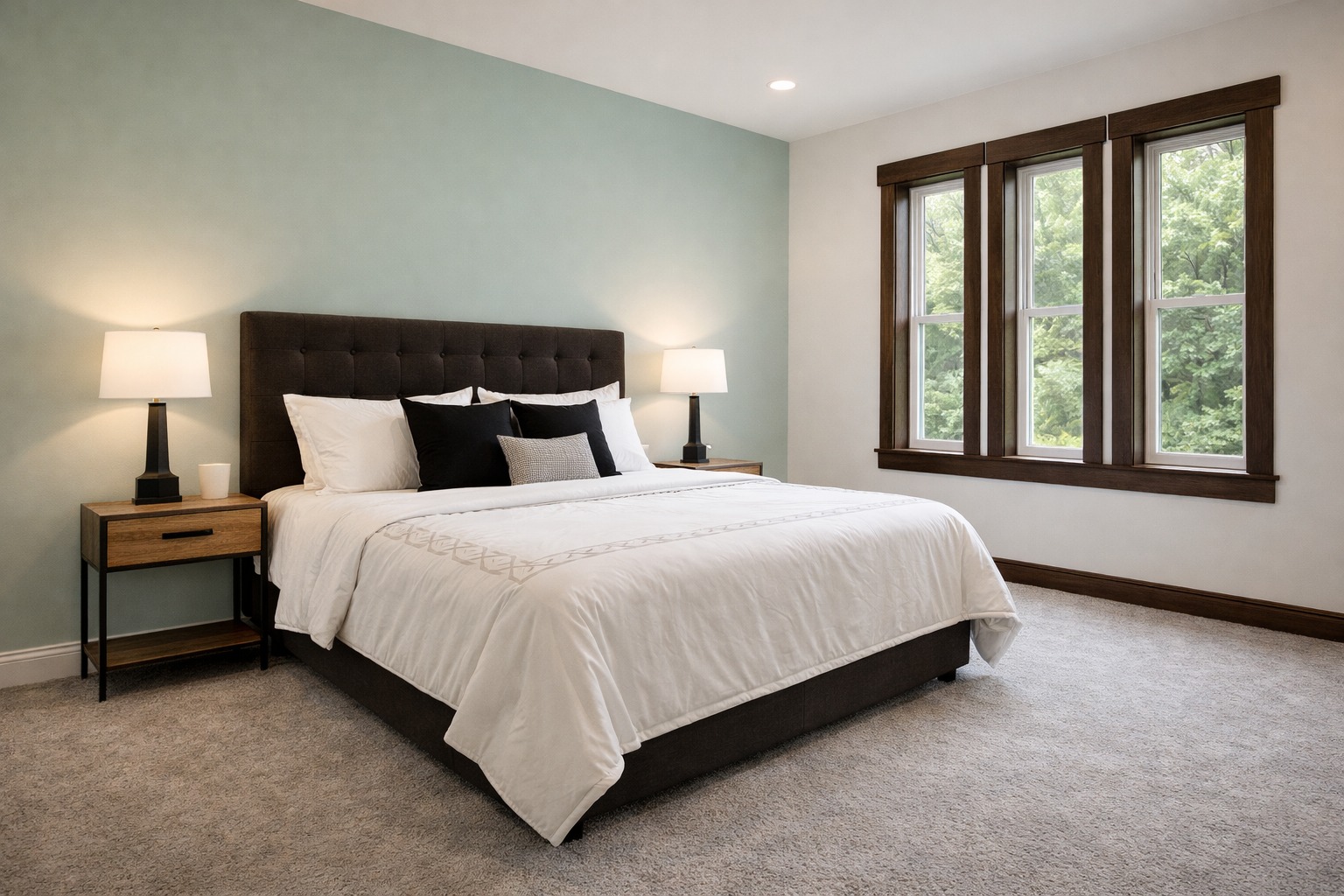 A cozy bedroom with a neatly made bed, white bedding, and multiple pillows. Flanked by two wooden nightstands with lamps, it has a serene, inviting ambiance.