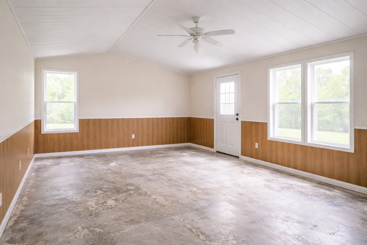Empty room with white walls and wooden paneling, featuring three windows and a door letting in natural light. Ceiling fan above, concrete floor.
