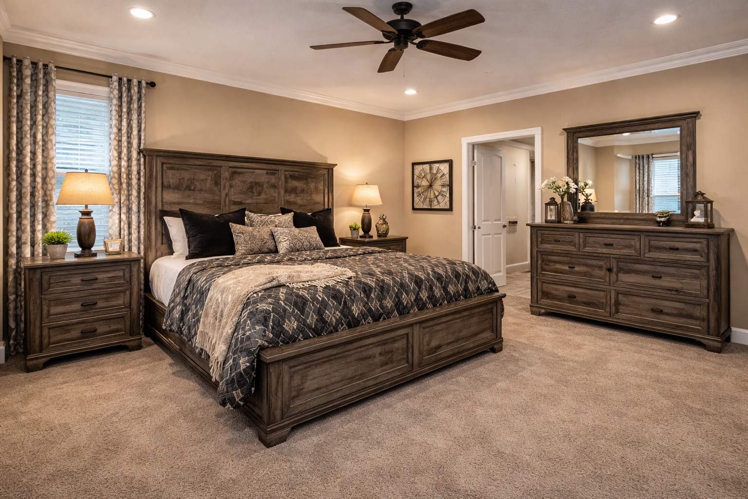Cozy bedroom with neutral tones features a wooden bed with patterned bedding, flanked by lamps on nightstands. A dresser with a mirror and soft carpet complete the warm look.