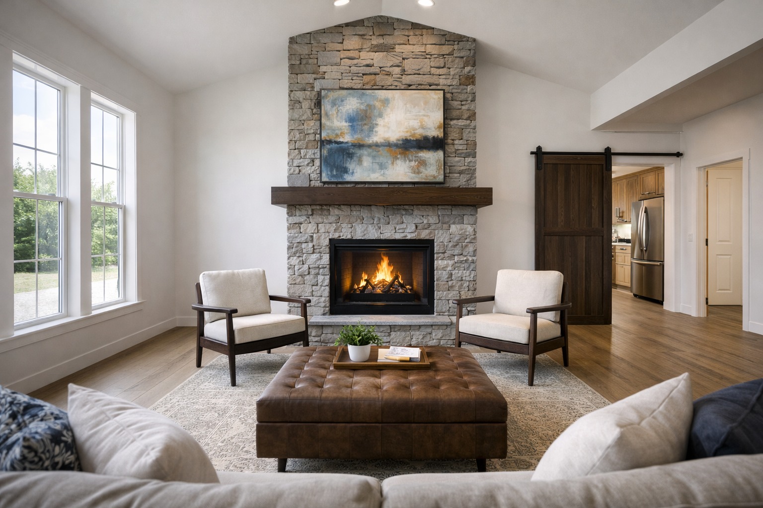 Cozy living room with a stone fireplace, lit fire, and abstract painting above. Two armchairs, large ottoman, and sliding barn door create warmth.
