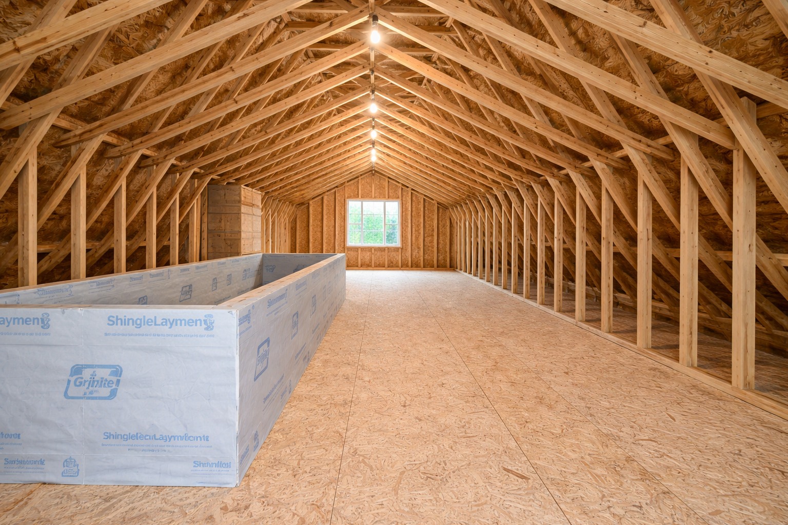 Spacious, unfinished attic with wooden trusses and bright lighting, featuring a rectangular structure in the center, conveying a sense of openness and construction.