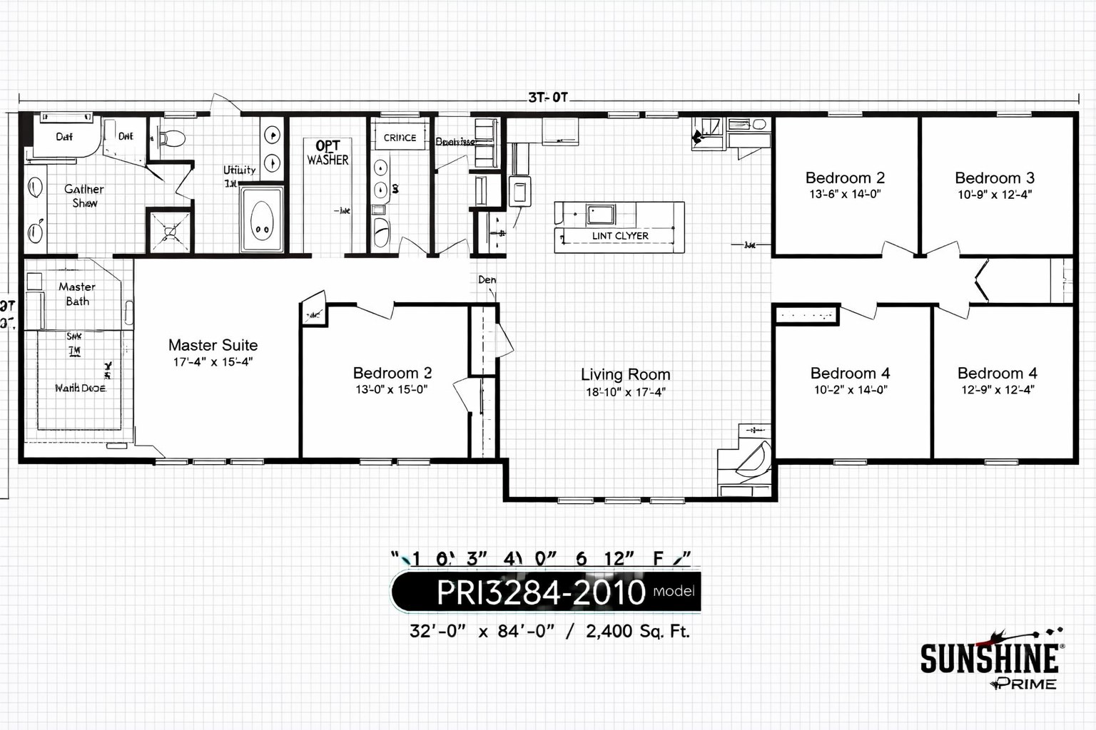 Floor plan of a 2,400 sq. ft. home featuring a master suite, kitchen, living room, utility space, and four additional bedrooms. Minimalist design.