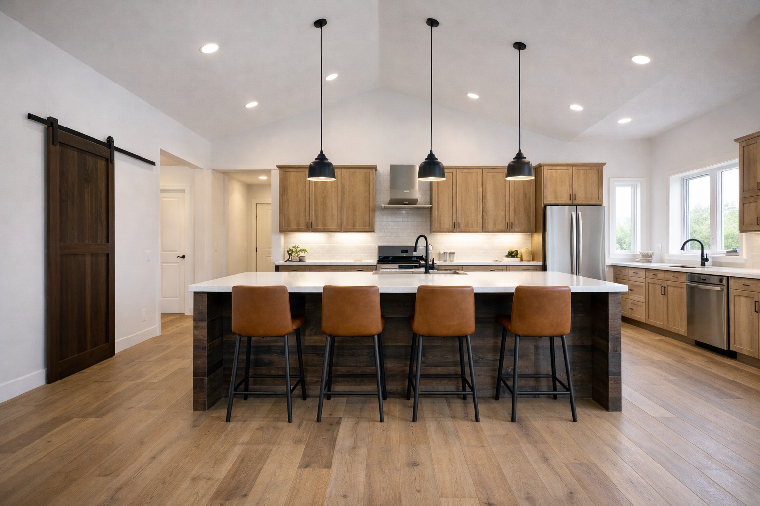Modern kitchen with a large island, four brown leather stools, pendant lights, wood cabinets, stainless steel appliances, and a sliding barn door.