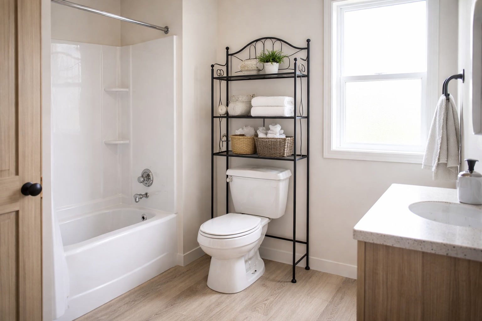 Bright, clean bathroom with a bathtub, toilet, and a black shelving unit holding towels and baskets. Natural light enters through a window, creating a serene tone.