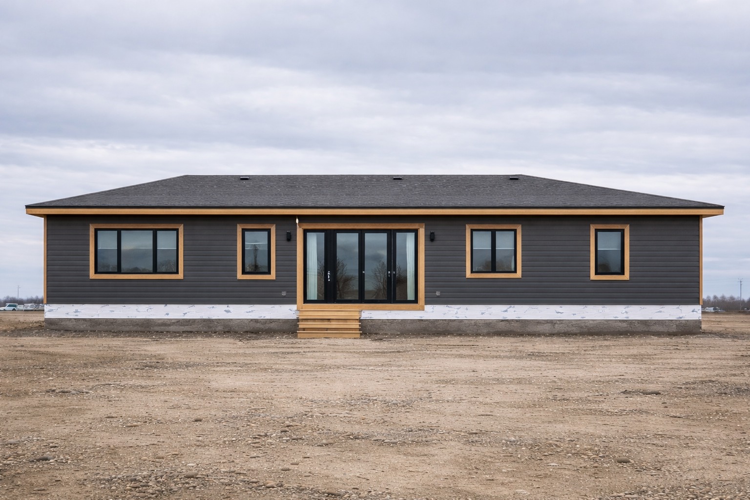 Single-story modular home with gray siding, wooden trim, and a central glass door flanked by four windows. Set in a barren dirt landscape under a cloudy sky.