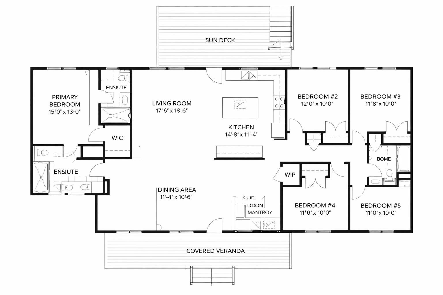 Floor plan showing a spacious open layout with a primary bedroom suite, living room, kitchen, dining area, four additional bedrooms, sun deck, and veranda.