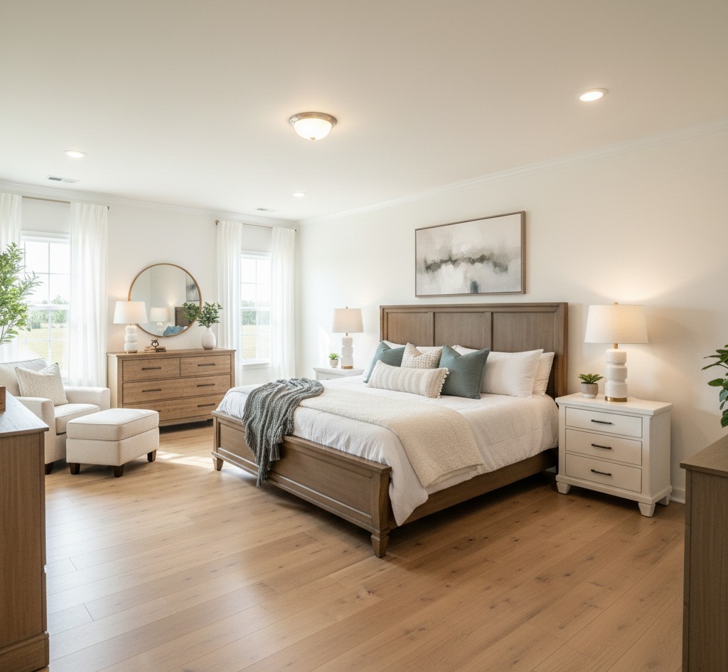 A bright, spacious bedroom with a wooden bed, white bedding, and teal accent pillows. Two nightstands with lamps flank the bed. Light wood floors complement a dresser topped with a round mirror. Large windows with sheer curtains and green plants add freshness, enhancing the serene atmosphere.