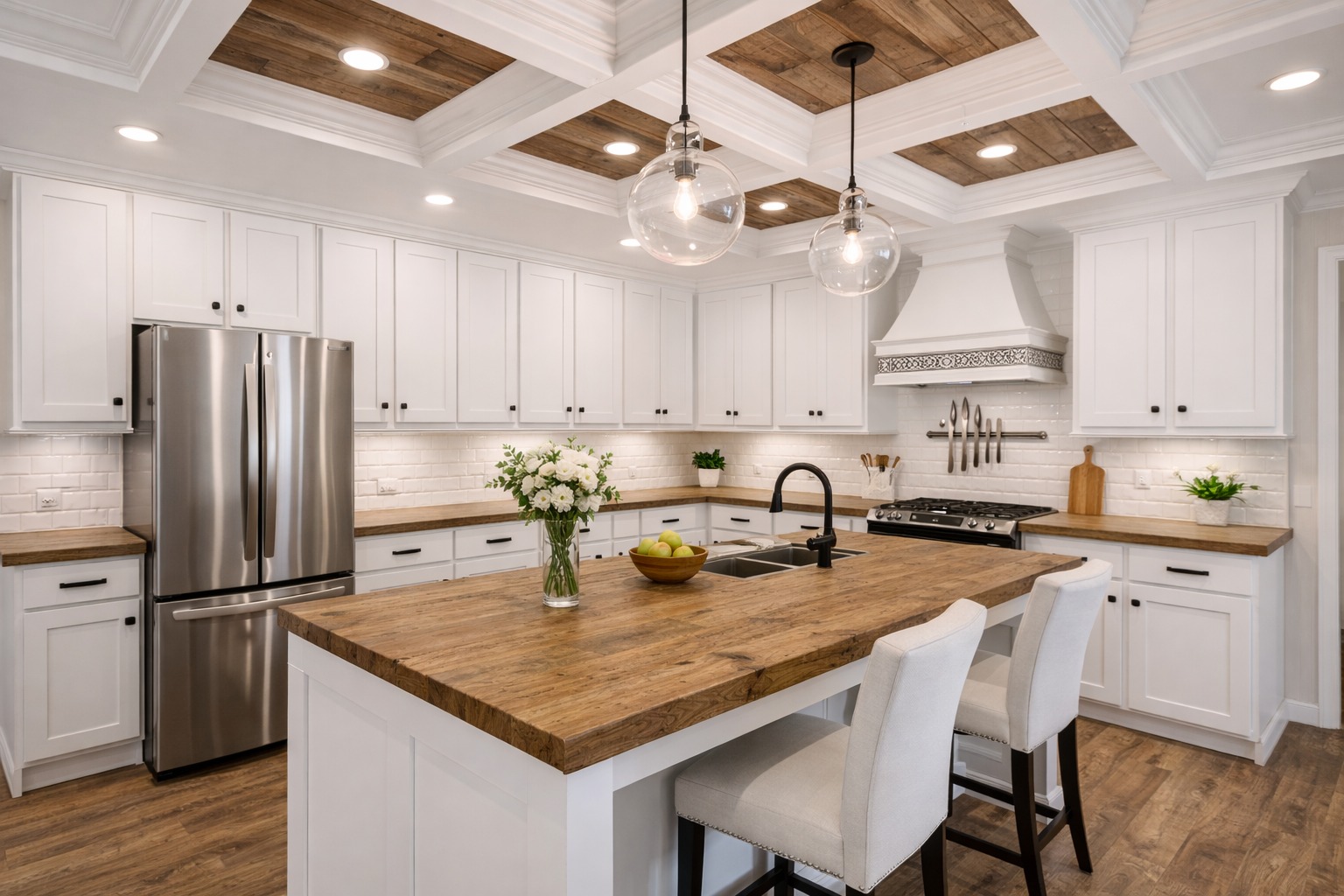 Bright kitchen with white cabinets, wood countertops, and island. Stainless steel fridge, pendant lights, flowers, and fruit bowl add a modern, cozy feel.