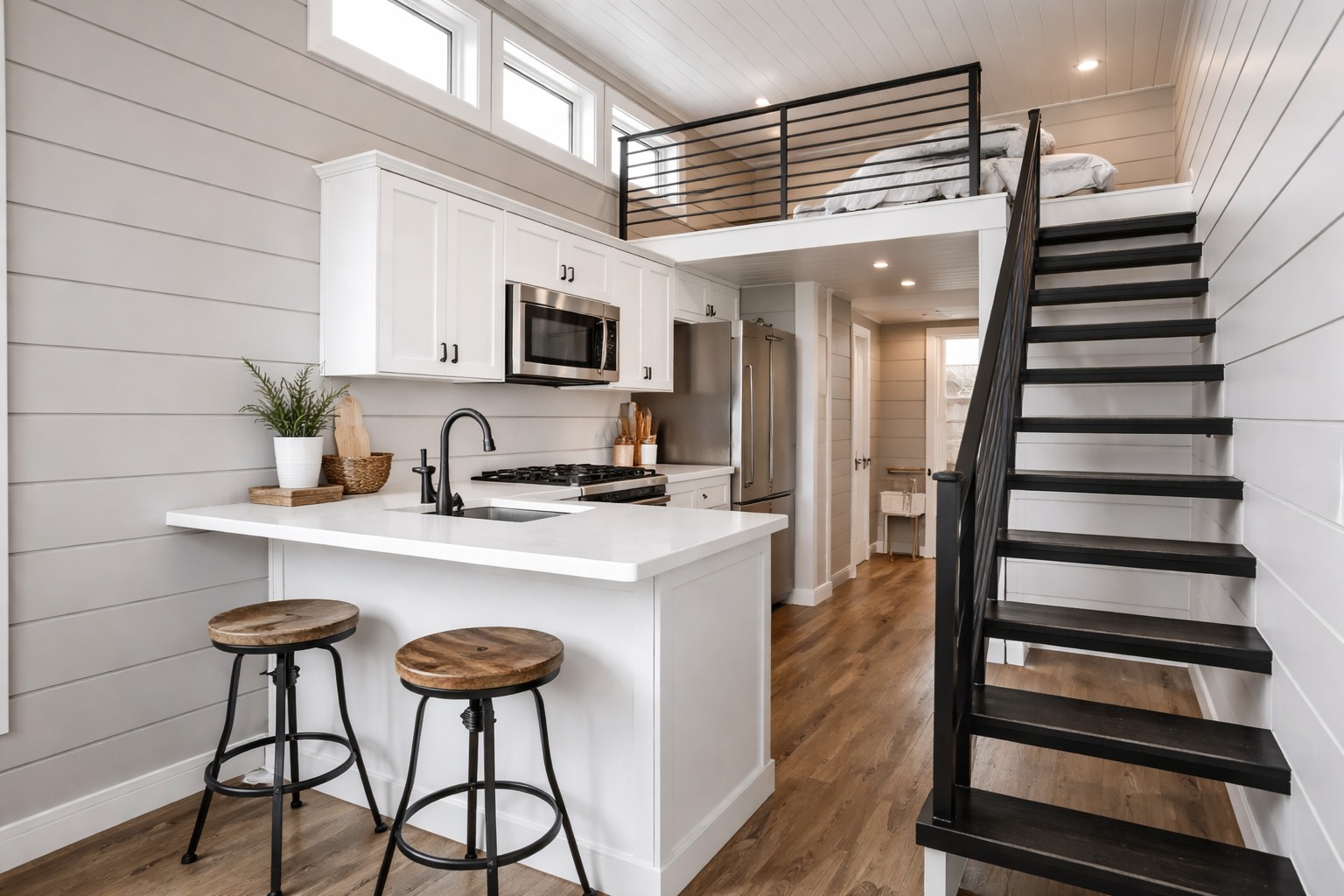 Modern tiny house interior with a lofted bed, accessible by black stairs. White kitchen with wood accents, bar stools, and sleek appliances. Cozy and bright.