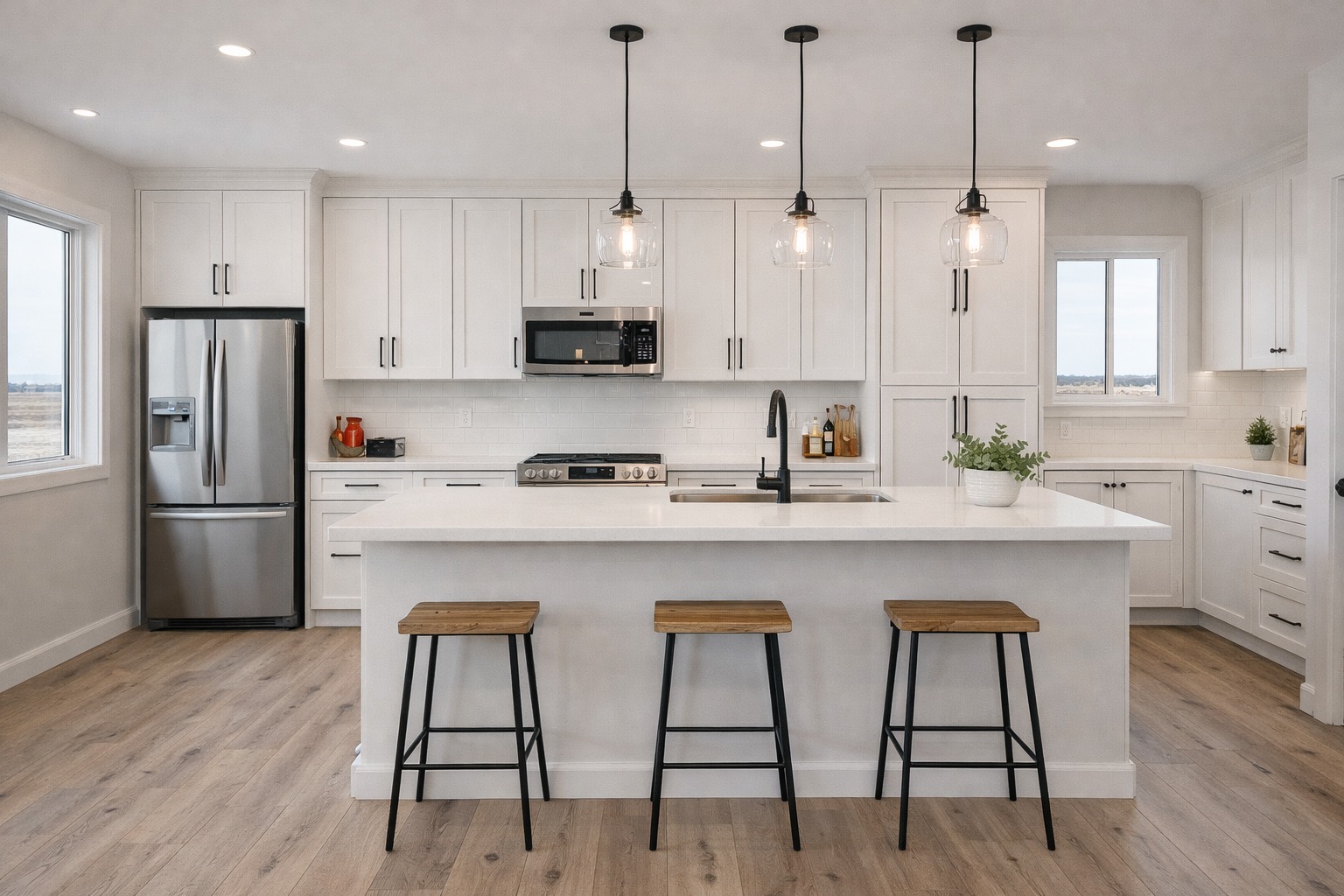 Modern kitchen with white cabinets, stainless appliances, and wood flooring. A central island features three wooden stools and pendant lights hang above, creating a cozy ambiance.