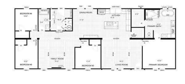 Floor plan of a house showing three bedrooms, two bathrooms, a family room, a dining room, and a kitchen with an island. Rooms are connected by hallways.