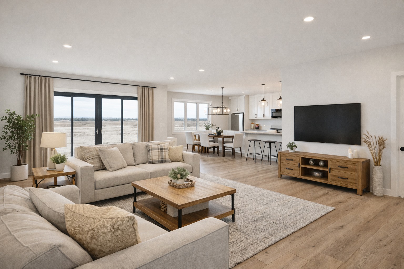 Spacious open-concept living room with beige sofas, wooden coffee tables, and a large TV. Dining area and kitchen in background; natural light from large windows.