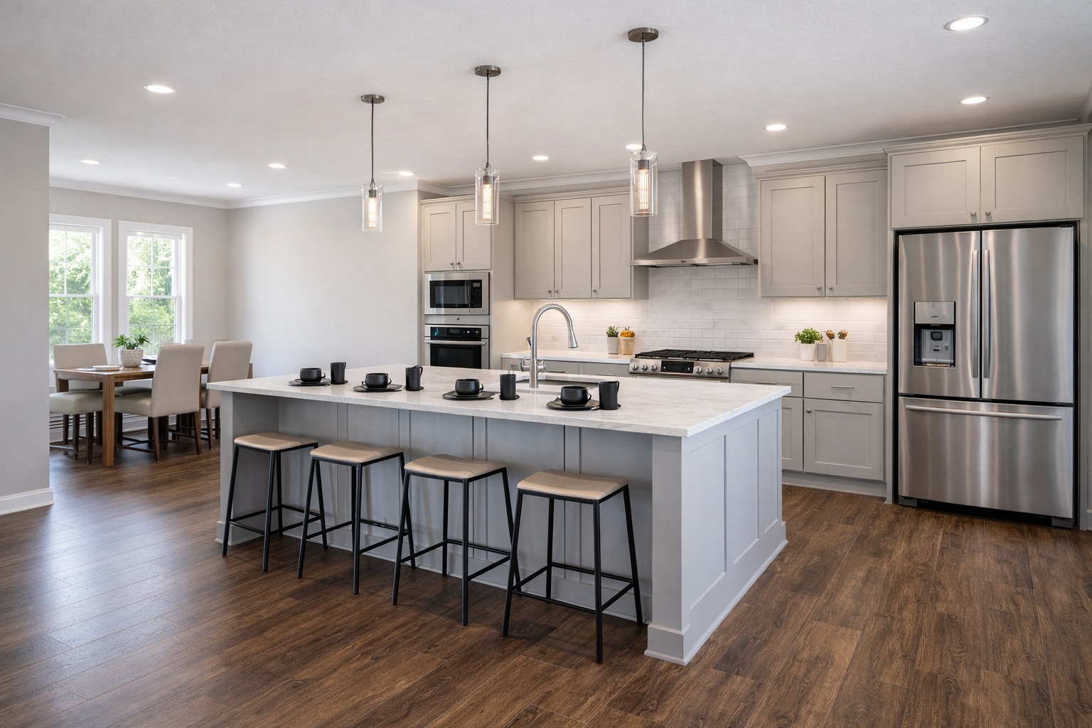 Modern kitchen with gray cabinets, a large island with four stools, and pendant lights. Stainless steel appliances and warm wood flooring enhance the cozy, elegant feel.