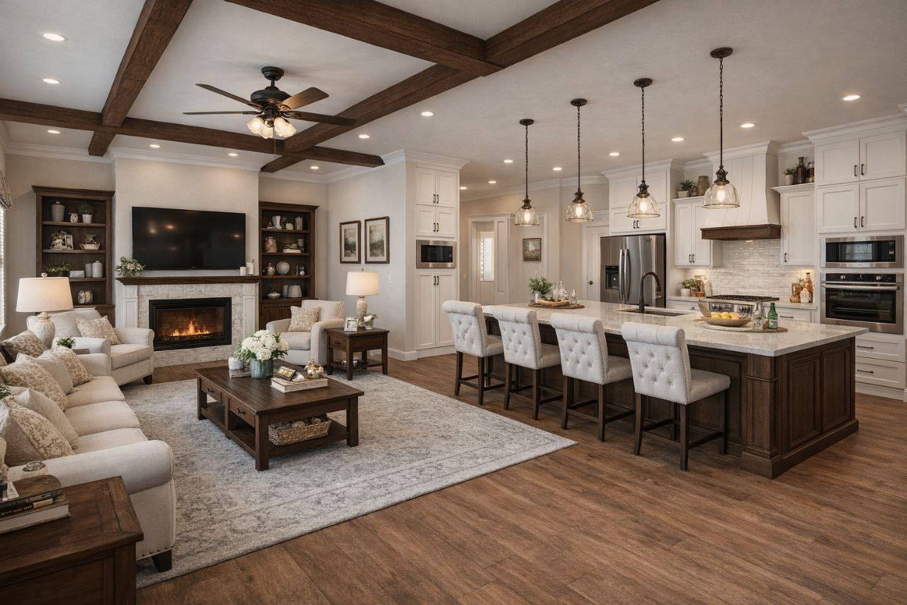 Spacious open-concept living room and kitchen with wooden beams, cozy fireplace, beige sofas, island with chairs, pendant lights, warm ambiance.