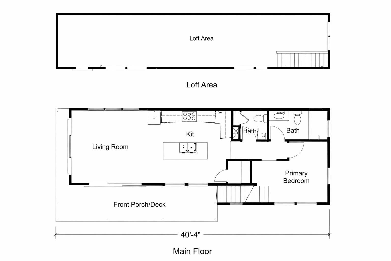 Floor plan with a main floor and loft area. Main floor includes a living room, kitchen, two baths, primary bedroom, and porch. Loft above is open space.