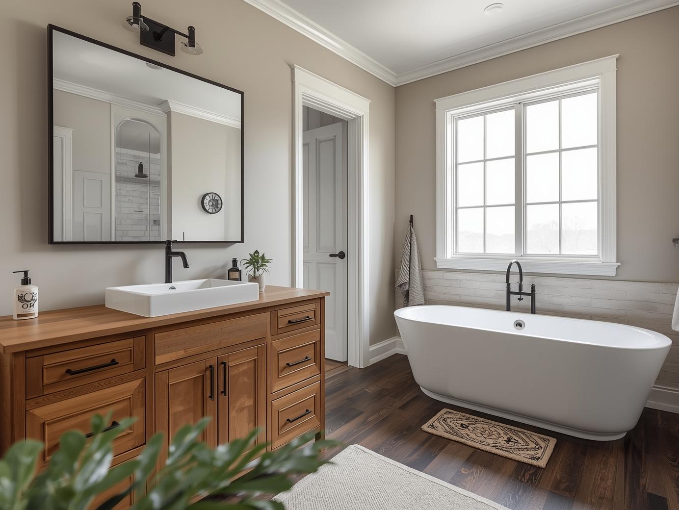 Spacious bathroom with a freestanding white tub, large window, wooden vanity with a rectangular mirror, dark faucets, and hardwood floor. Tranquil and elegant.