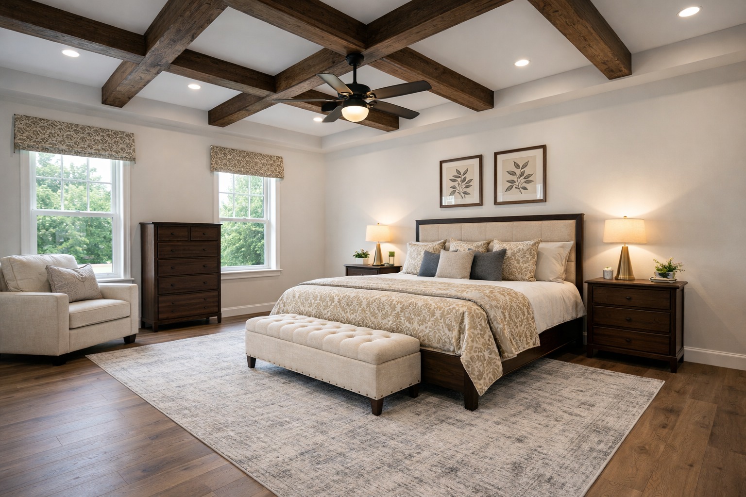 Spacious bedroom with a cozy king bed, beige armchair, and dark wood furniture. Wooden beam ceiling and soft lighting create a warm, inviting atmosphere.