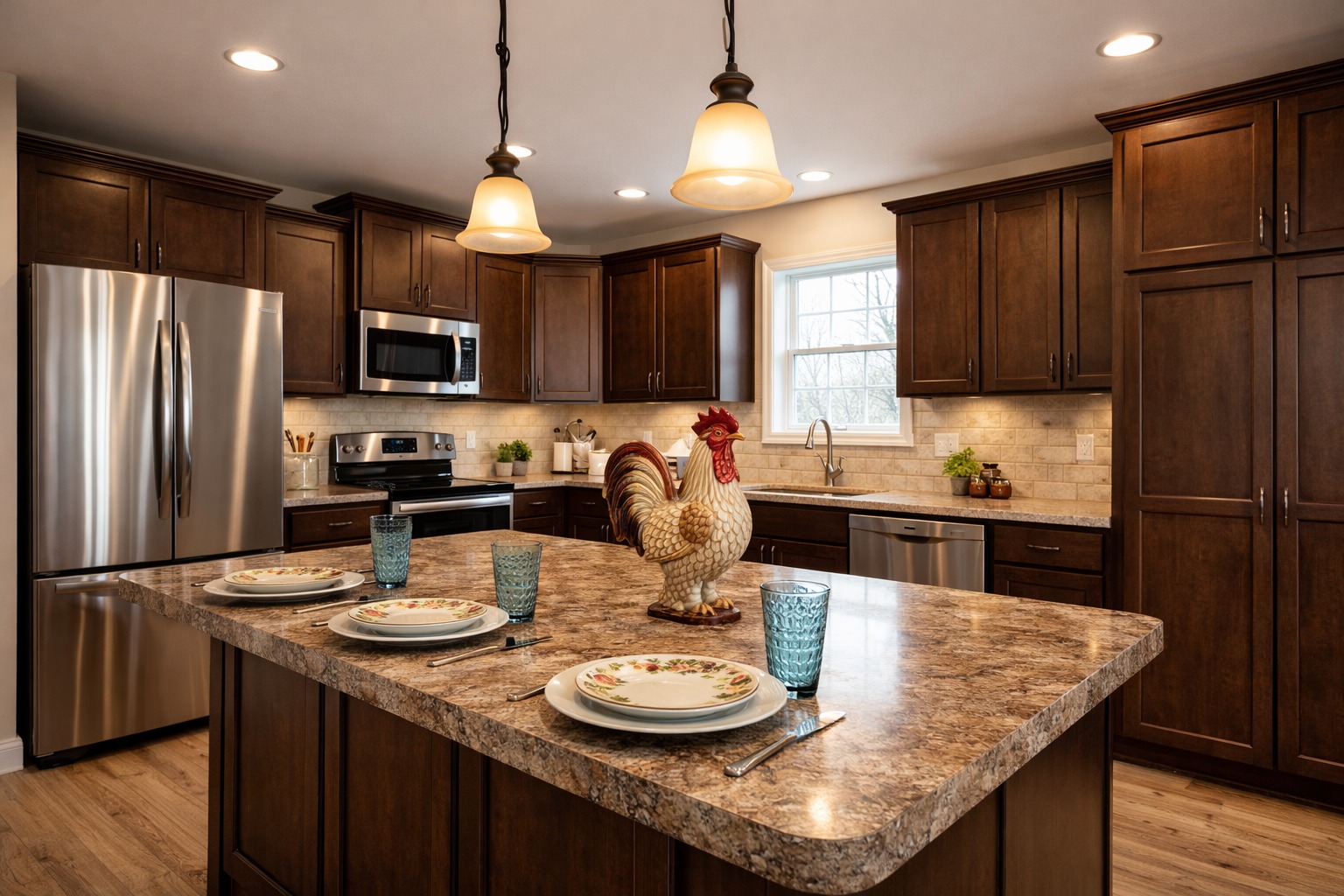 Warm, inviting kitchen with dark wood cabinets, stainless steel appliances, and a marble island. Features a rooster figurine and elegant tableware.