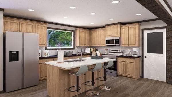 A modern kitchen with wooden cabinets, a stainless steel fridge, and an island with four stylish stools. Bright lighting and a window view enhance the space.