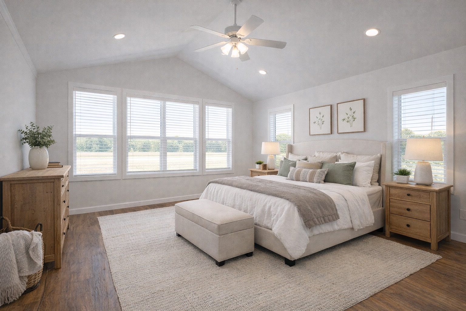 A serene bedroom with a cozy king-size bed, soft white linens, green and beige throw pillows, and wooden nightstands. Large windows and soft lighting create a calm, airy ambiance.