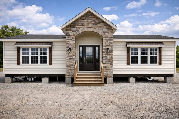 A beige modular home with a stone entrance and dark brown trim sits on a gravel lot under a partly cloudy sky, conveying a welcoming and sturdy feel.
