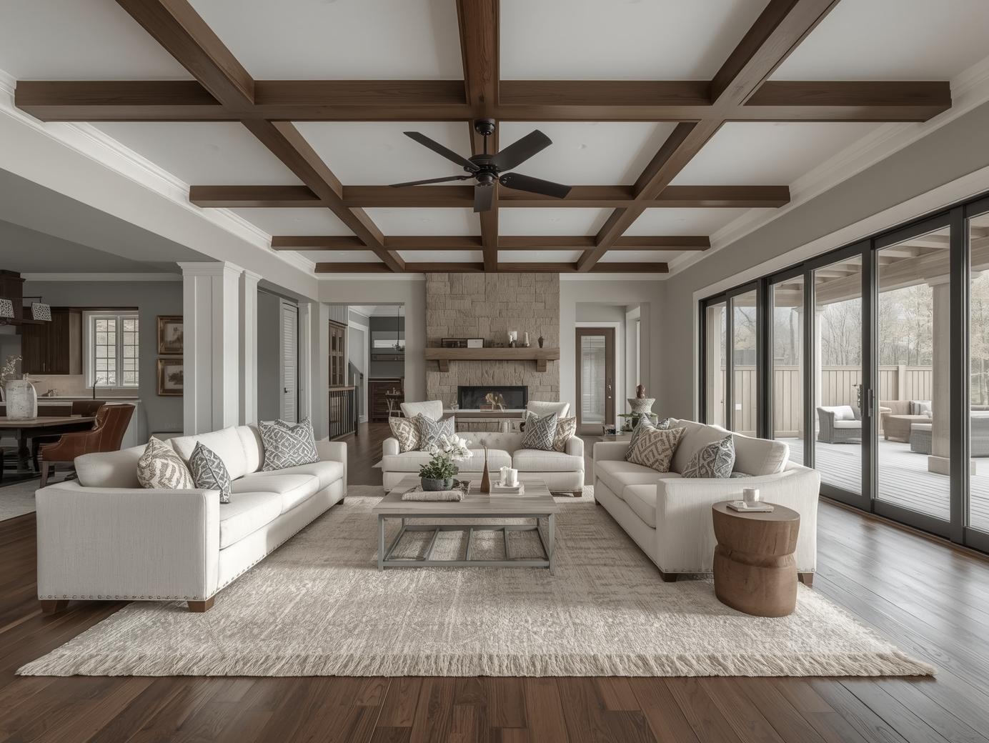 Spacious living room with white sofas, a stone fireplace, and glass doors. Exposed wooden beams and a neutral rug create a cozy, elegant feel.