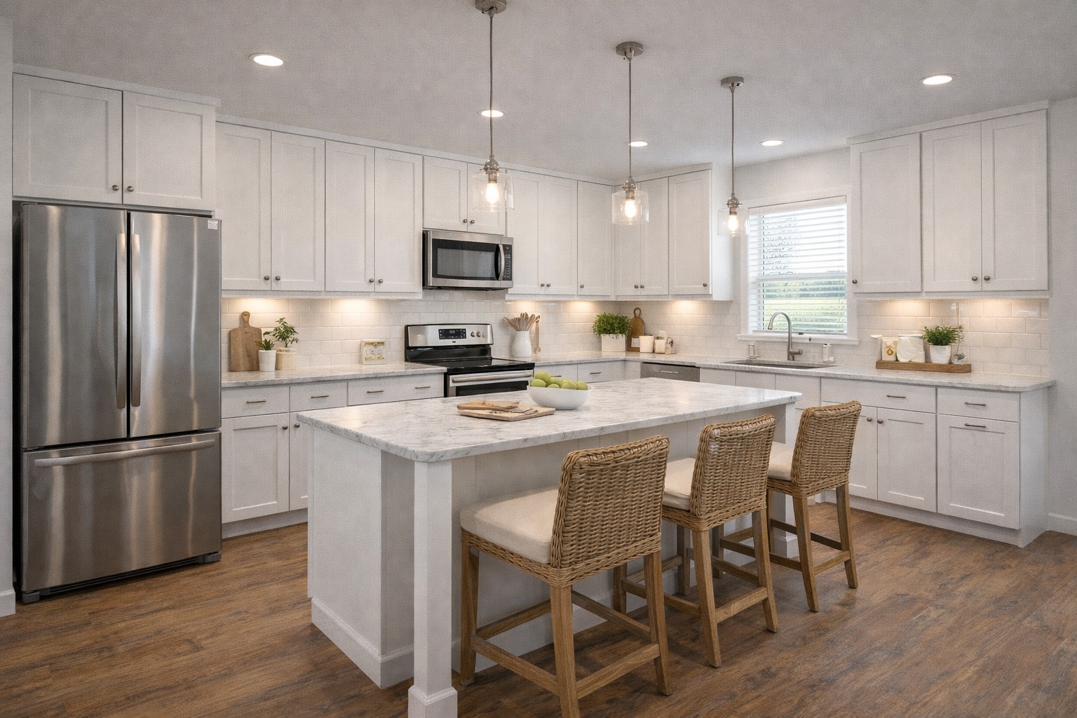 Modern kitchen with white cabinets, stainless steel appliances, and wood flooring. Central island with wicker stools and pendant lights creates a cozy, inviting ambiance.